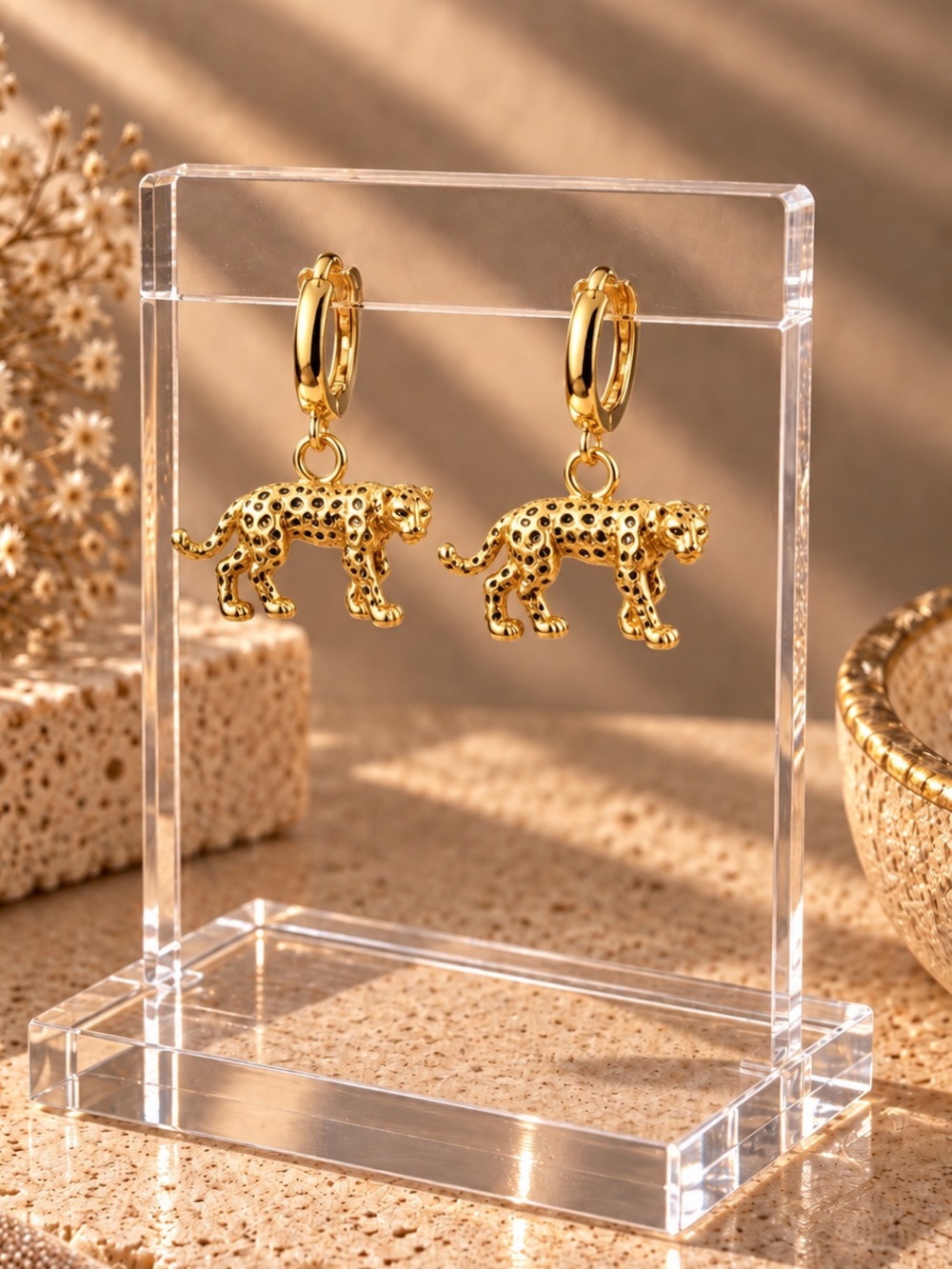 Gold Panther Drop Hoop Earrings